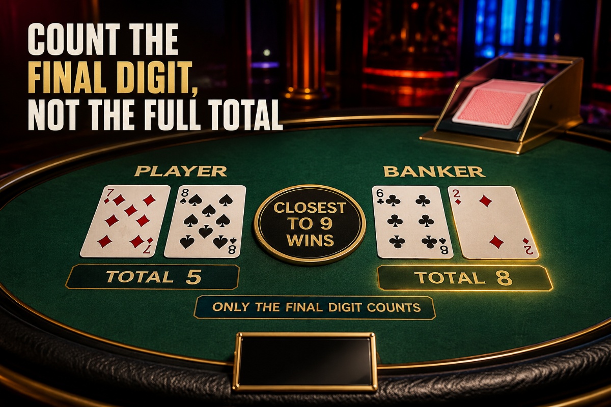 Baccarat rules showing Player and Banker hands with totals closest to nine