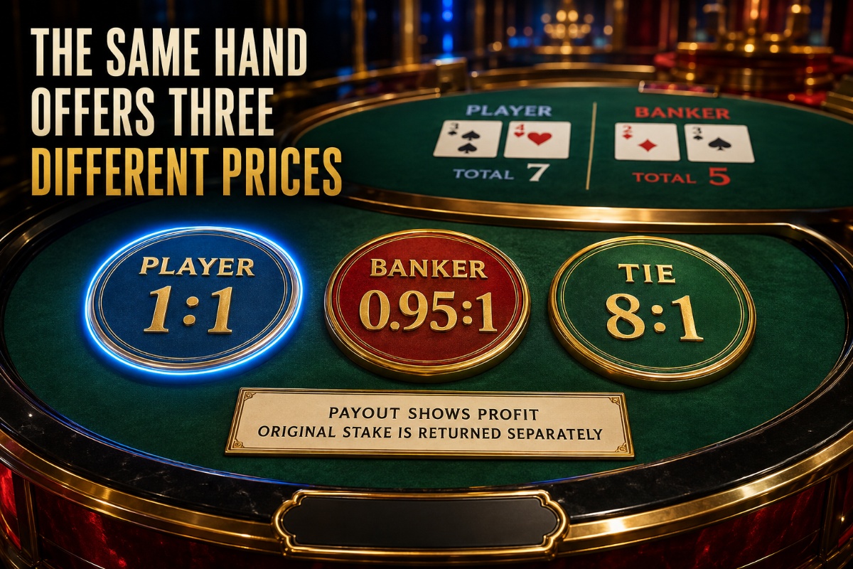 Baccarat payouts for Player Banker and Tie wagers