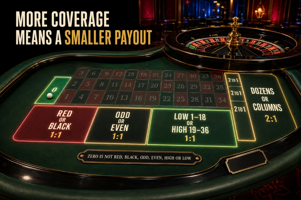 Roulette outside bets showing red black dozens and columns