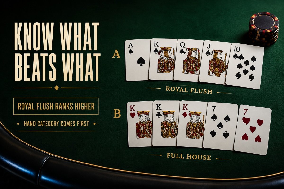 Poker hands guide comparing a royal flush and full house on a premium casino table