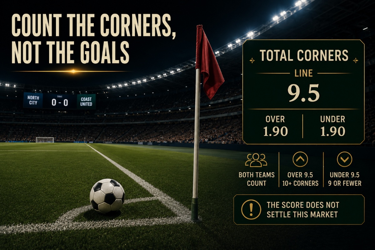 Corner betting example showing a fictional football match with an Over 9.5 total corners line