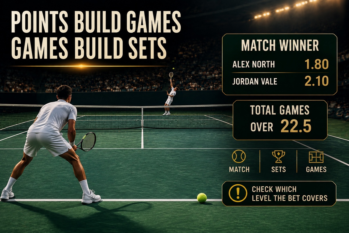 Tennis betting guide showing a fictional match winner and total games market