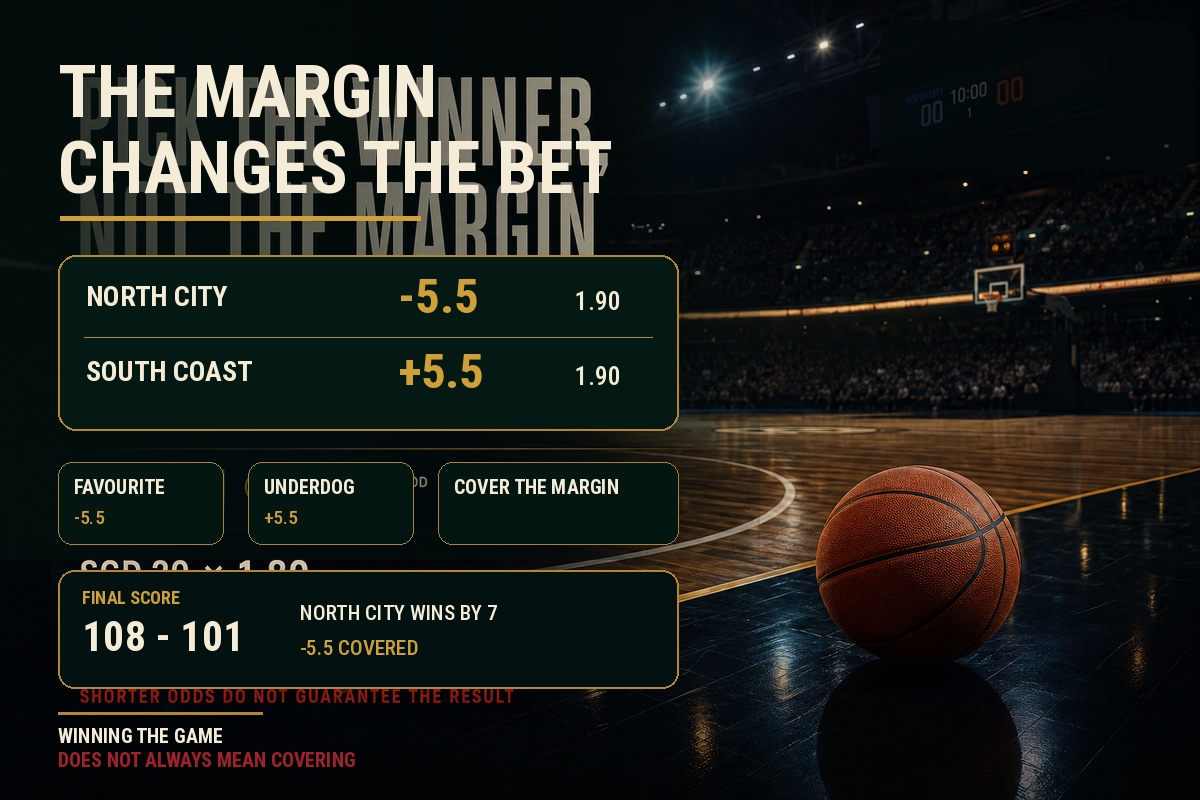 Point spread betting example showing a fictional basketball favourite at minus 5.5 and underdog at plus 5.5