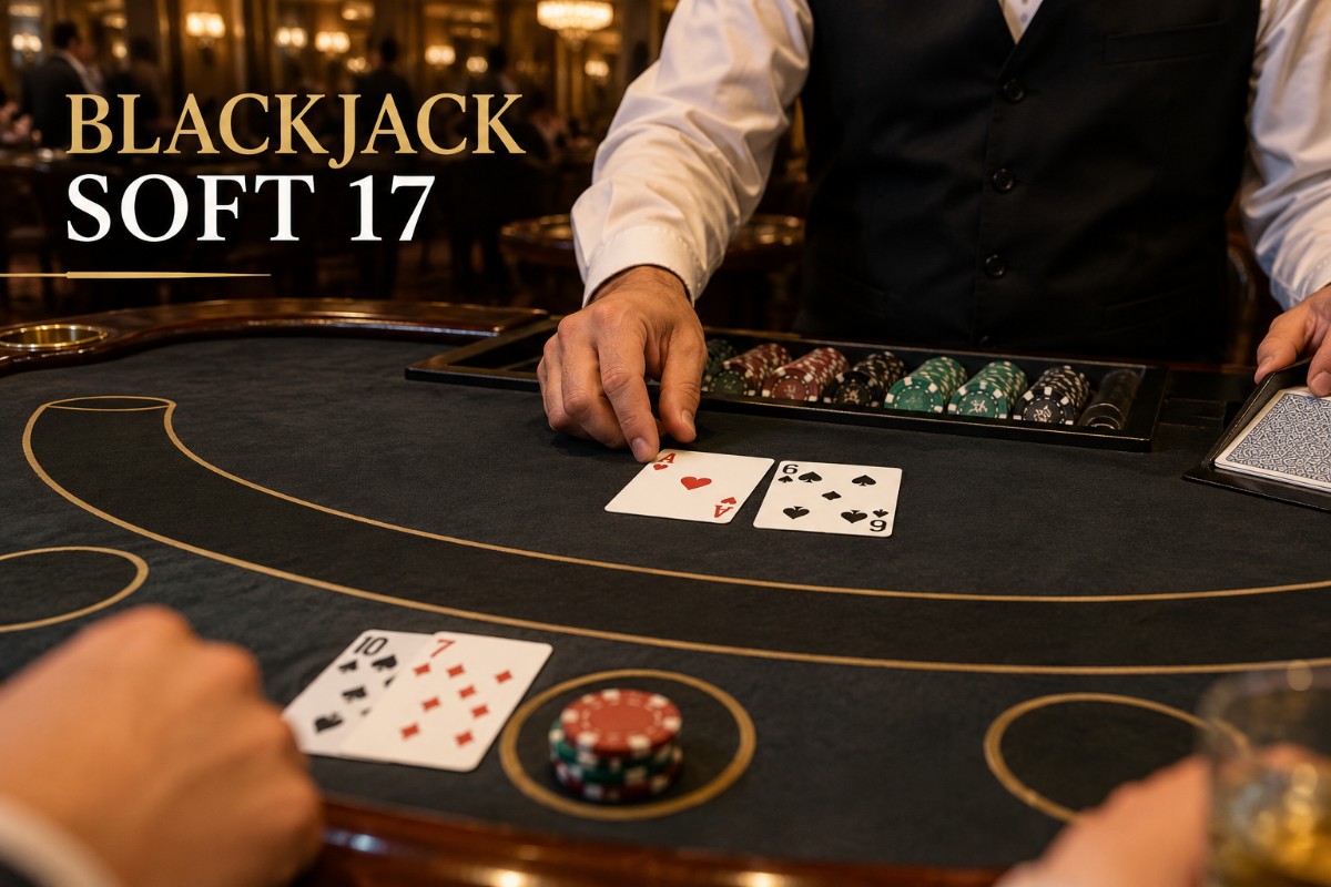 Blackjack soft 17 at a real casino table showing an ace and six in the dealer hand