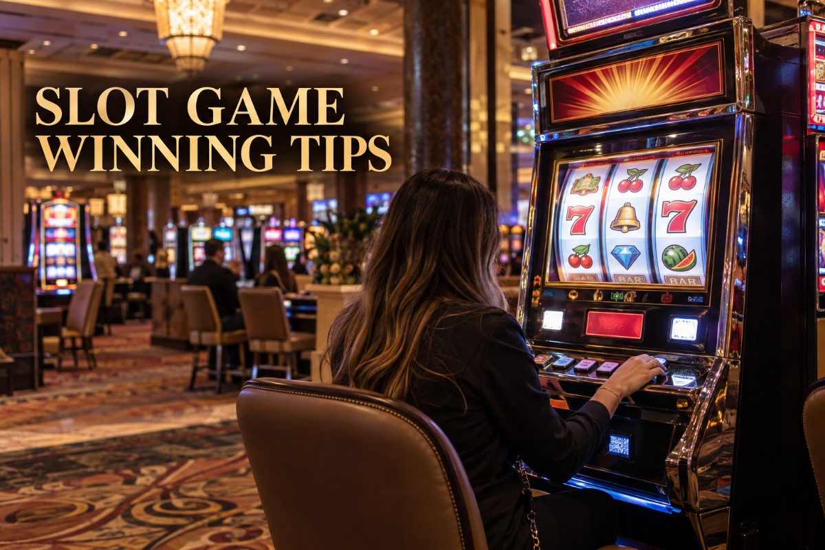 Slot game winning tips shown with a realistic casino slot machine and player reviewing the game before spinning