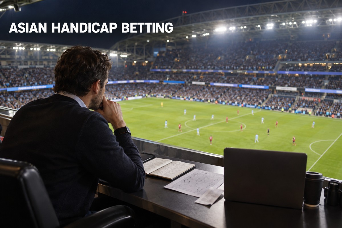 Asian handicap betting guide shown through a realistic football match and professional betting analysis setting
