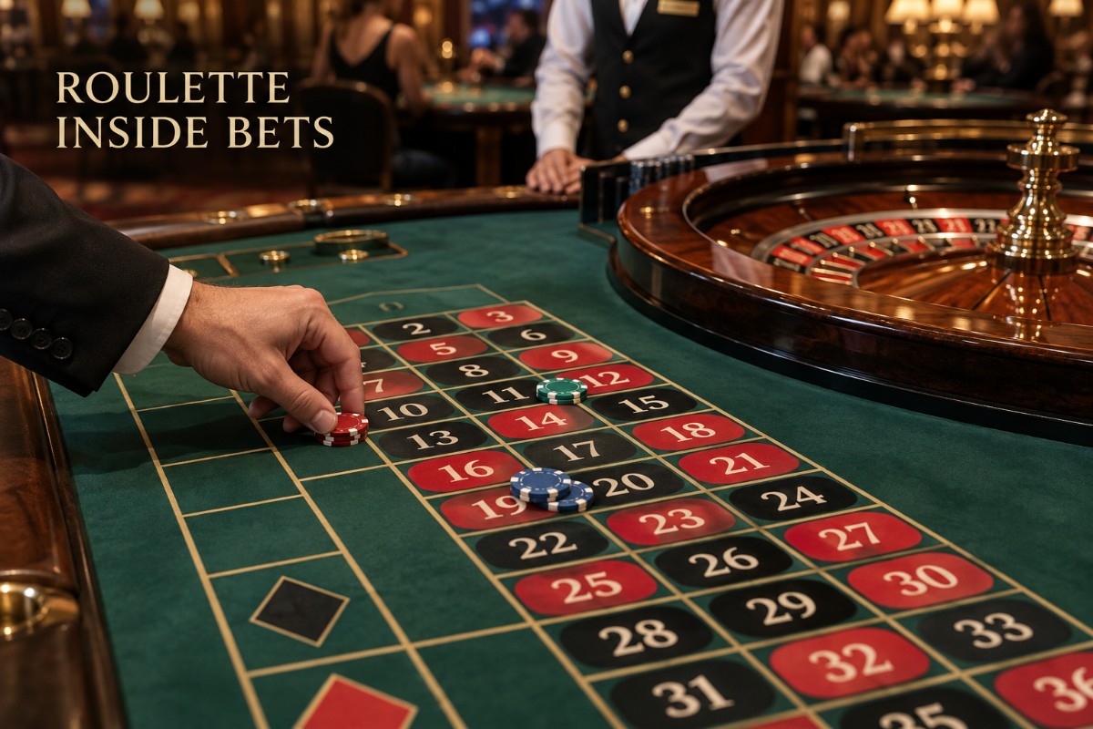 Roulette inside bets on a real casino table with chips placed across individual numbers and small number groups