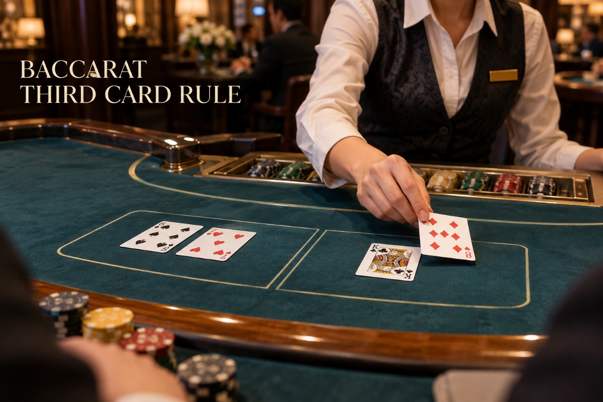 Baccarat third card rule shown at a realistic live casino table with Player and Banker hands