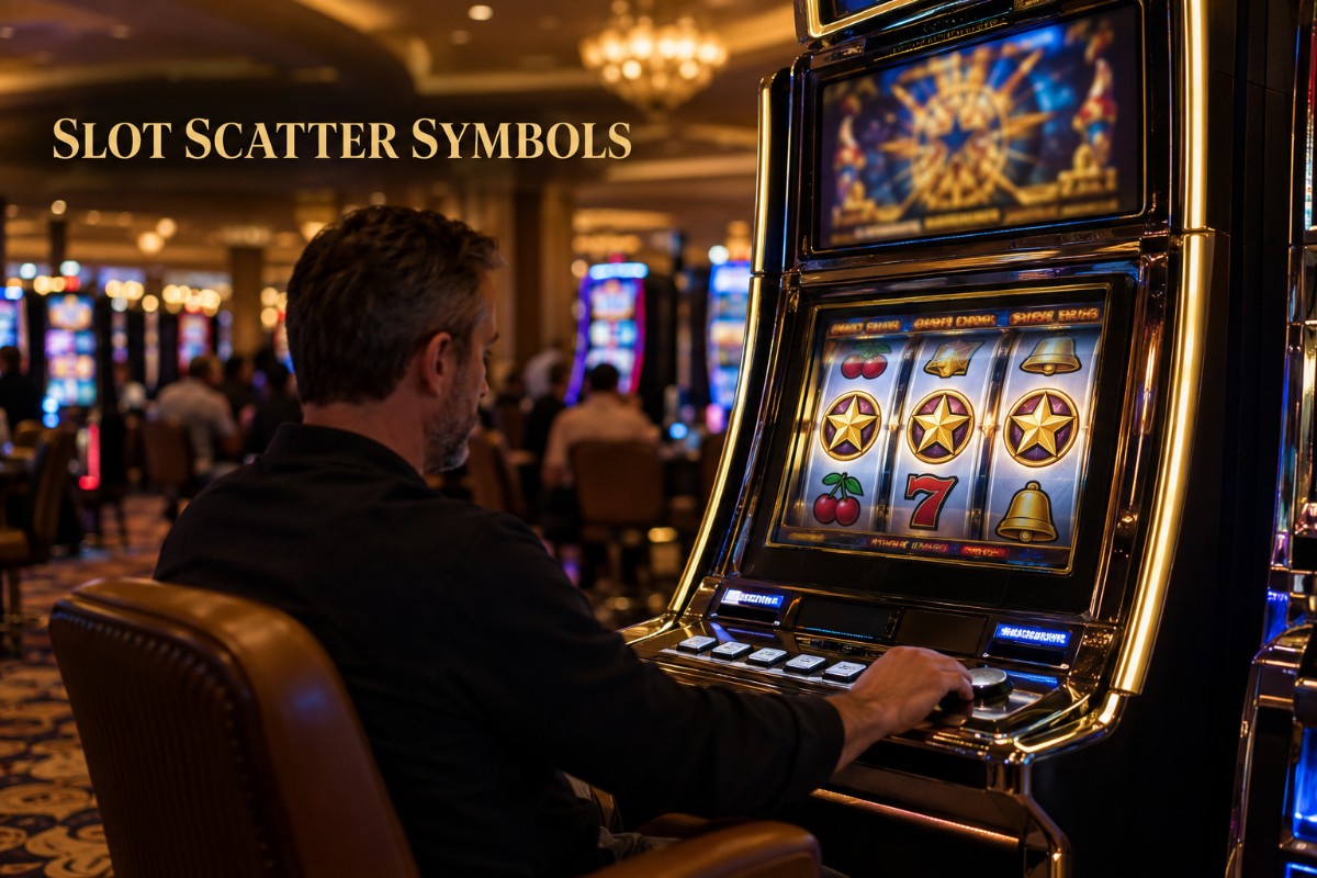 Slot scatter symbols displayed naturally on a realistic casino slot machine
