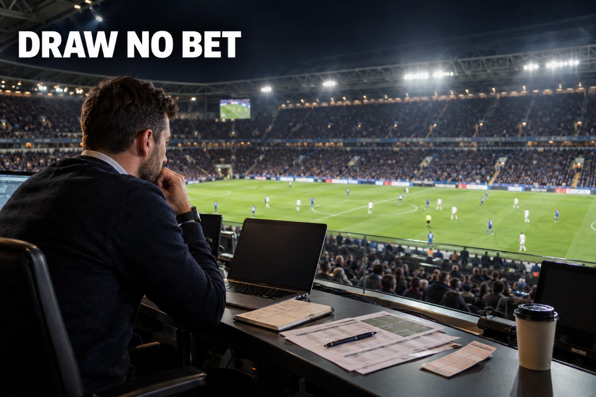 Draw no bet football betting shown through a realistic match analysis scene inside a professional stadium