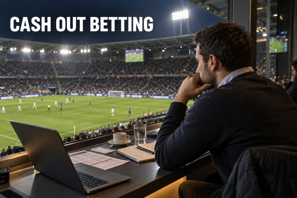 Cash out betting shown through a realistic football match analysis scene with a bettor reviewing an open wager