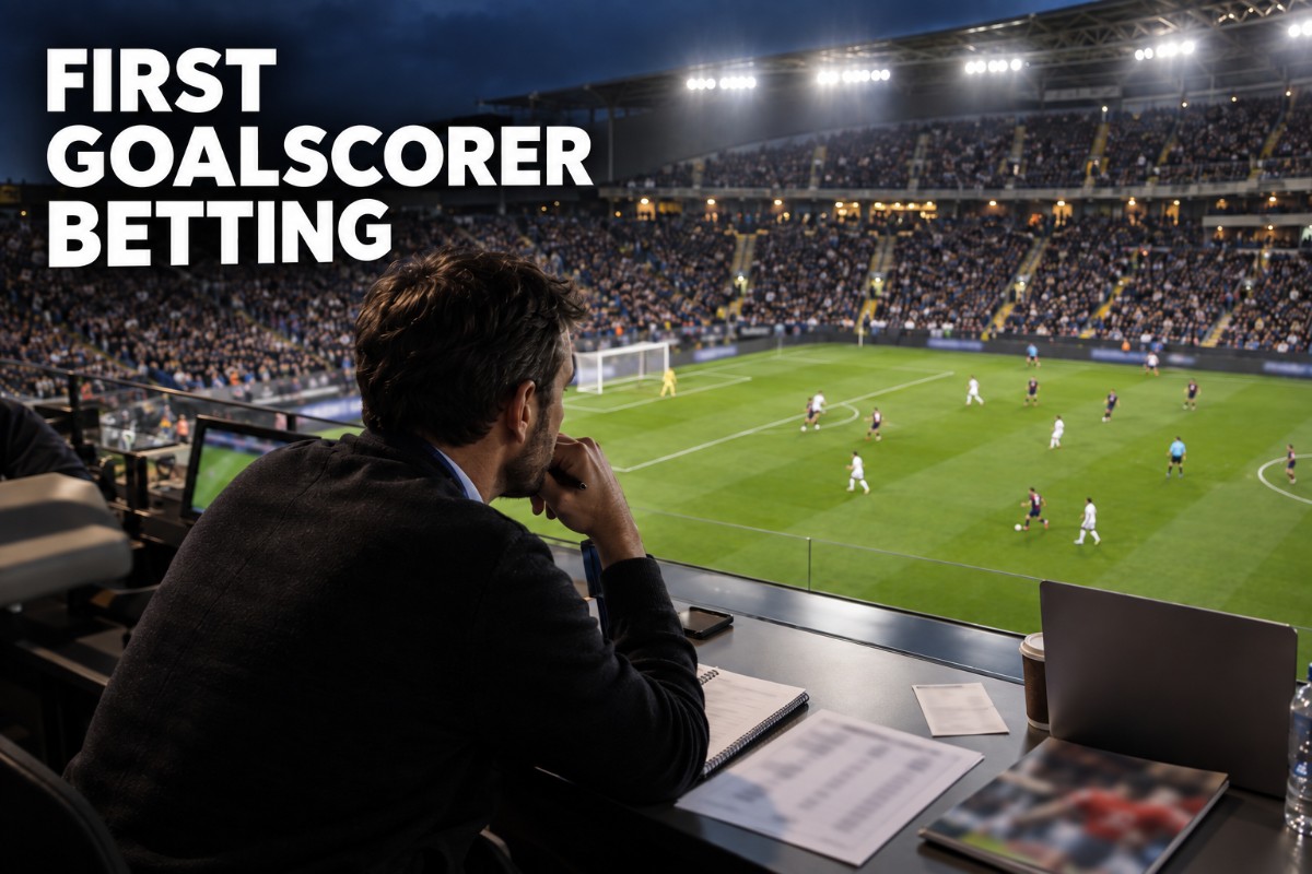 First goalscorer betting shown through a realistic football match with an analyst assessing attacking players before kick-off
