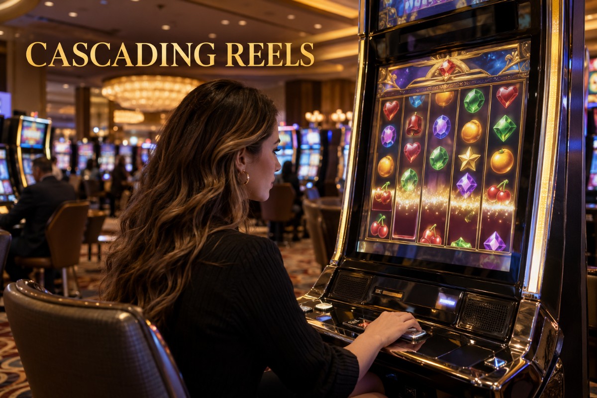 Cascading reels shown naturally on a realistic premium casino slot machine