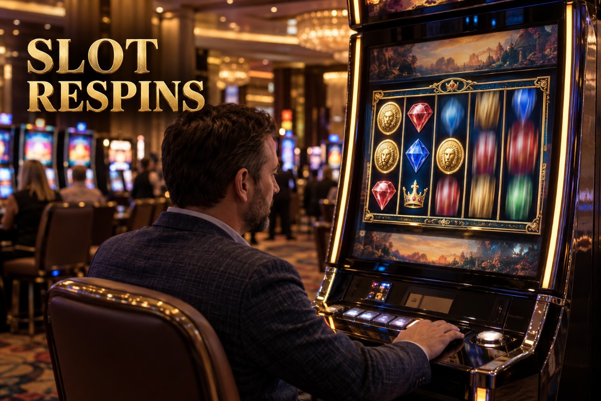 Slot respins shown on a realistic casino slot machine with held symbols remaining on the reels
