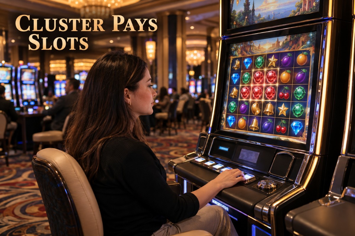 Cluster pays slots shown on a realistic premium casino slot machine with matching symbol groups across the grid
