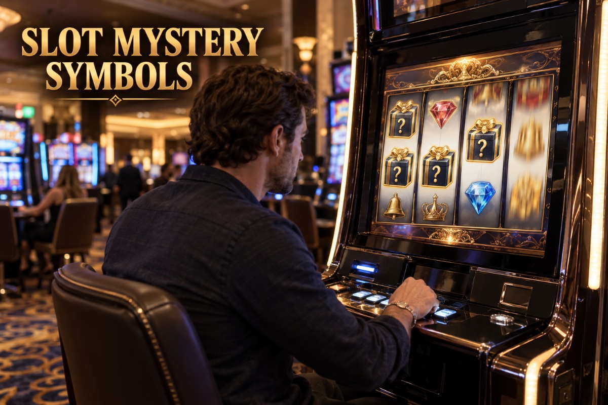 Slot mystery symbols shown naturally on a realistic premium casino slot machine before revealing their final icons