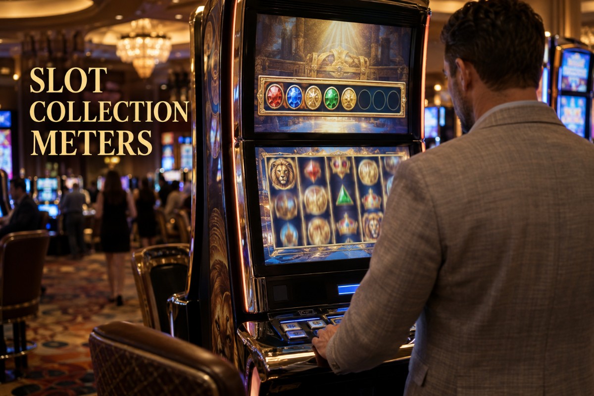Slot collection meters shown on a realistic casino slot machine with feature progress visible on screen