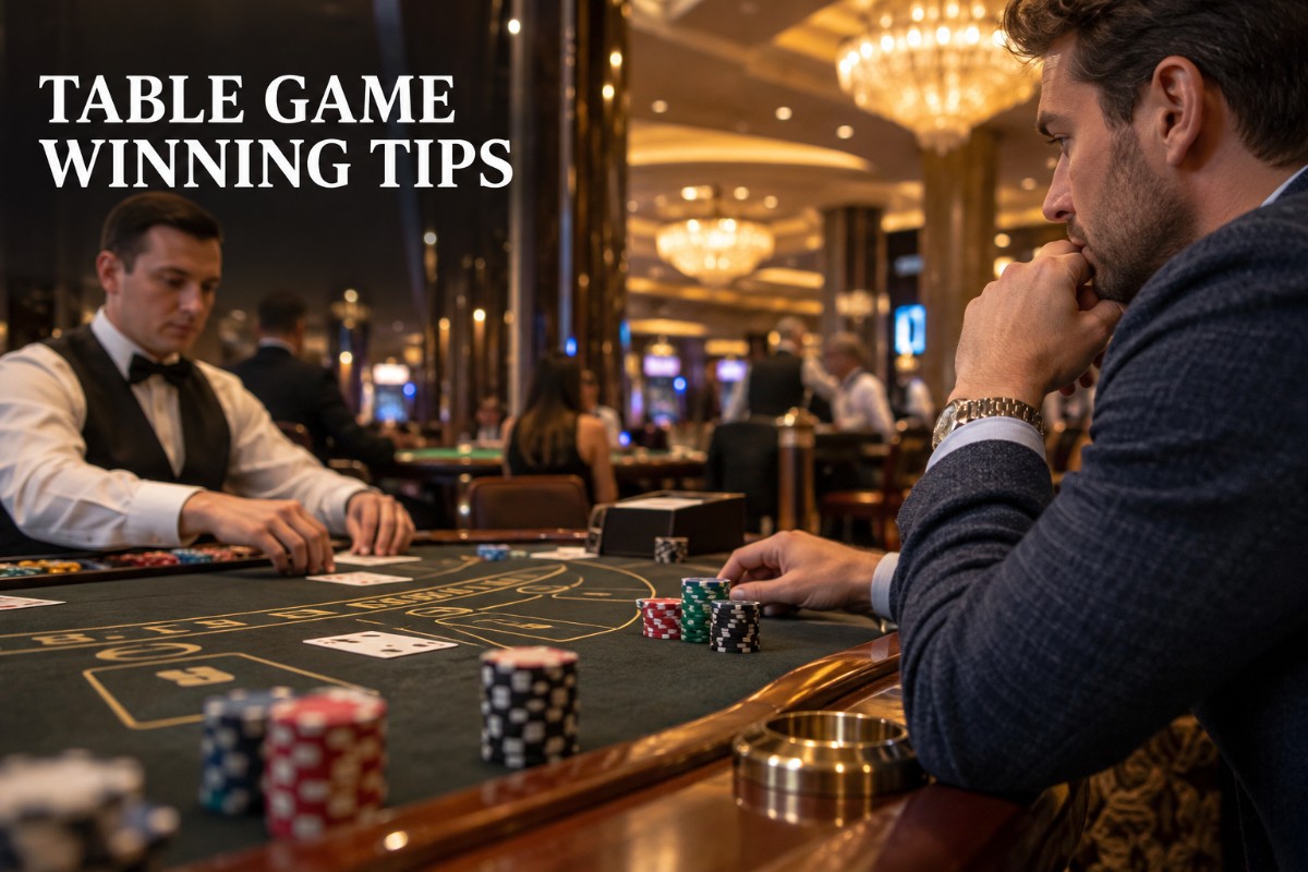 Table game winning tips shown with a realistic casino player studying a live table before placing a wager
