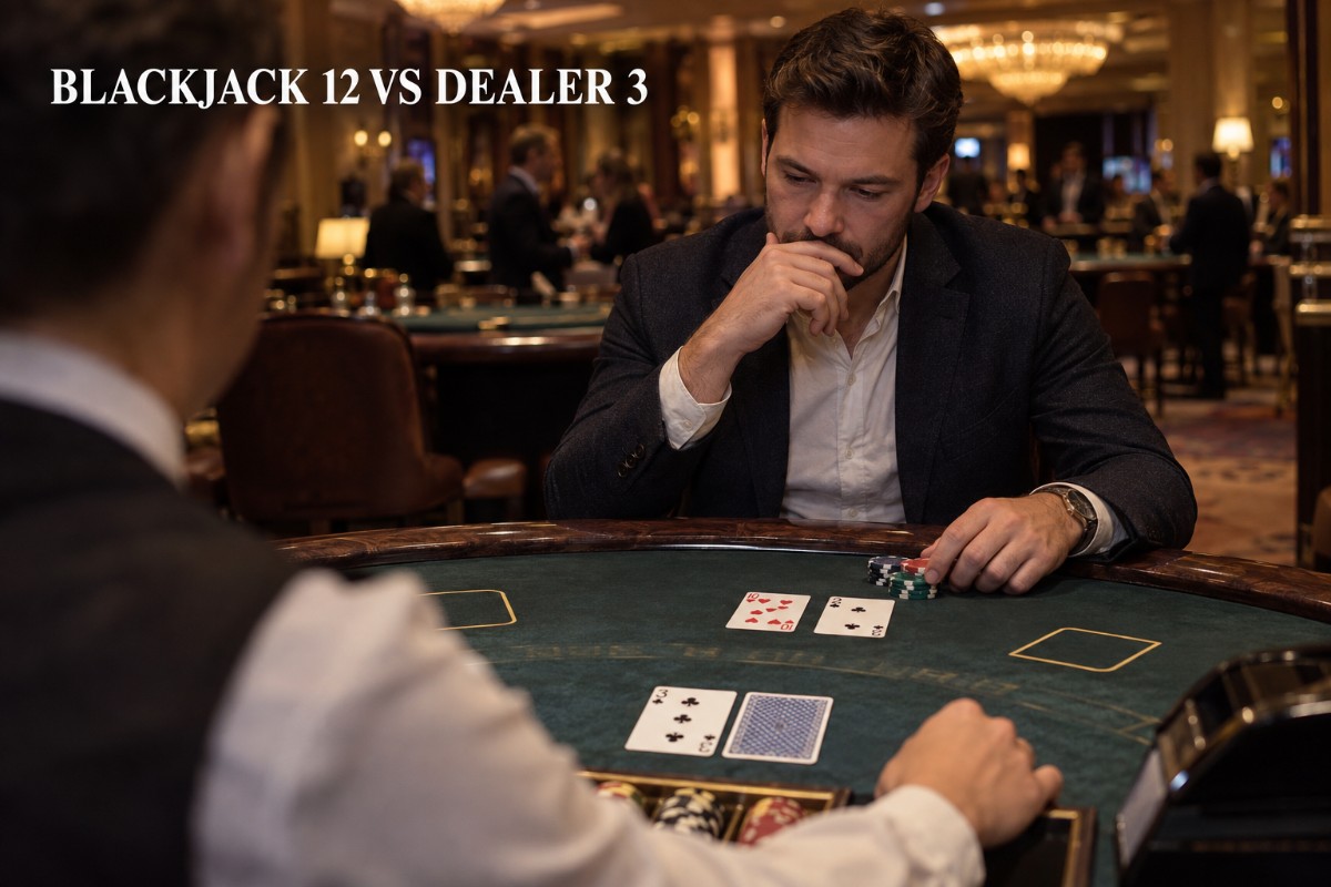Blackjack 12 vs dealer 3 shown at a realistic casino table with a player deciding whether to hit or stand