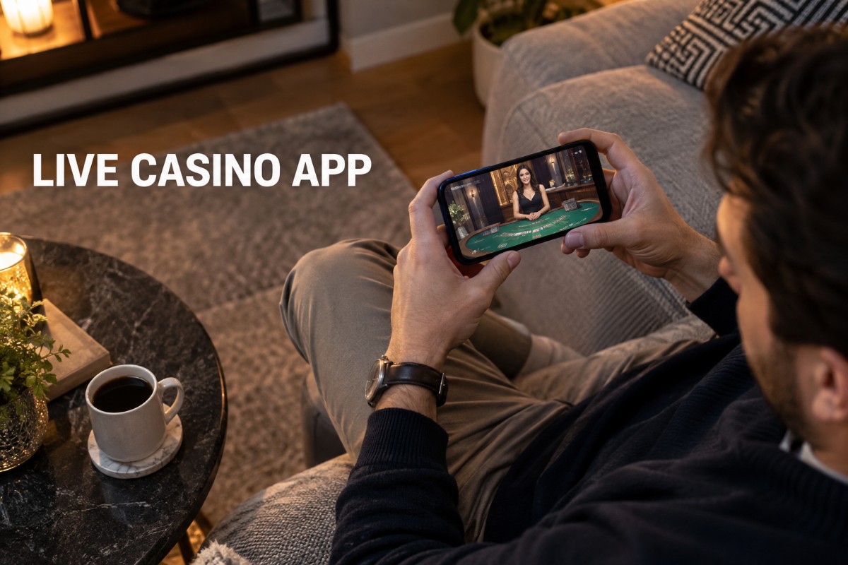 Live casino app on a smartphone showing a real dealer table during mobile casino play