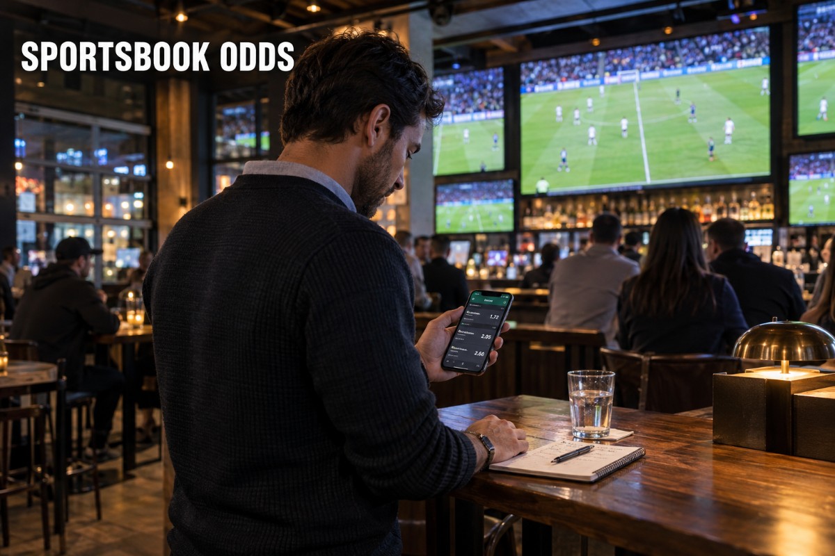 Sportsbook odds displayed on a mobile betting app while a sports fan compares prices during a live football match